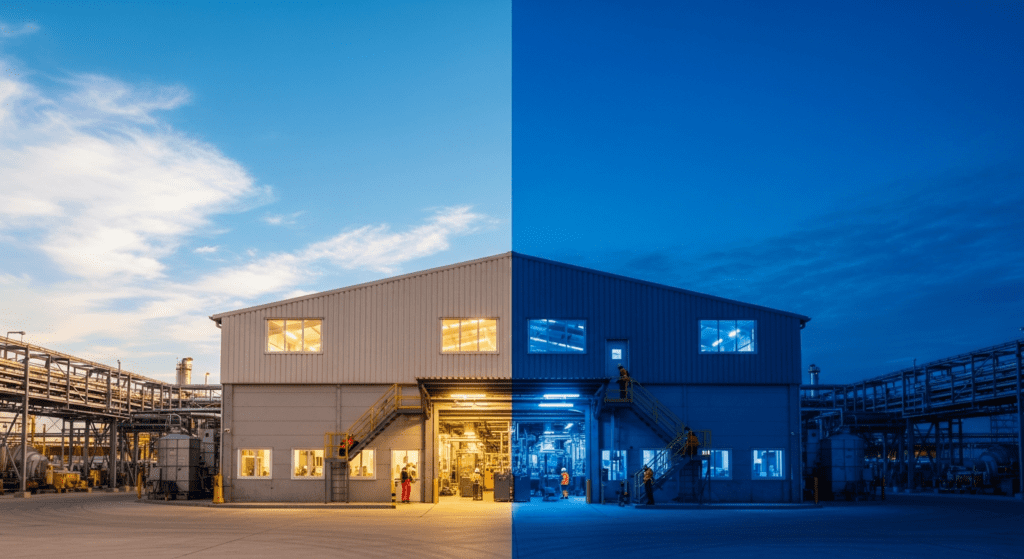 Industrial facility shown in split lighting representing day and night shift operations