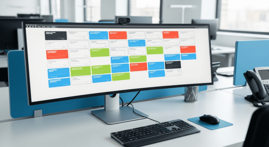Provider dashboard showing multiple client organisation tiles on a monitor
