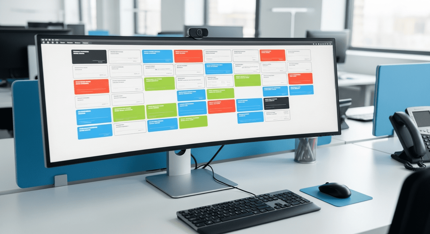 Provider dashboard showing multiple client organisation tiles on a monitor