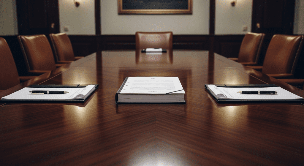 Enterprise agreement document with union and employer representatives' chairs