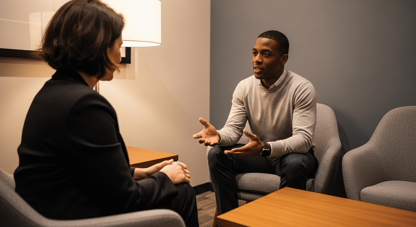 Two professionals in a private meeting room having a confidential conversation