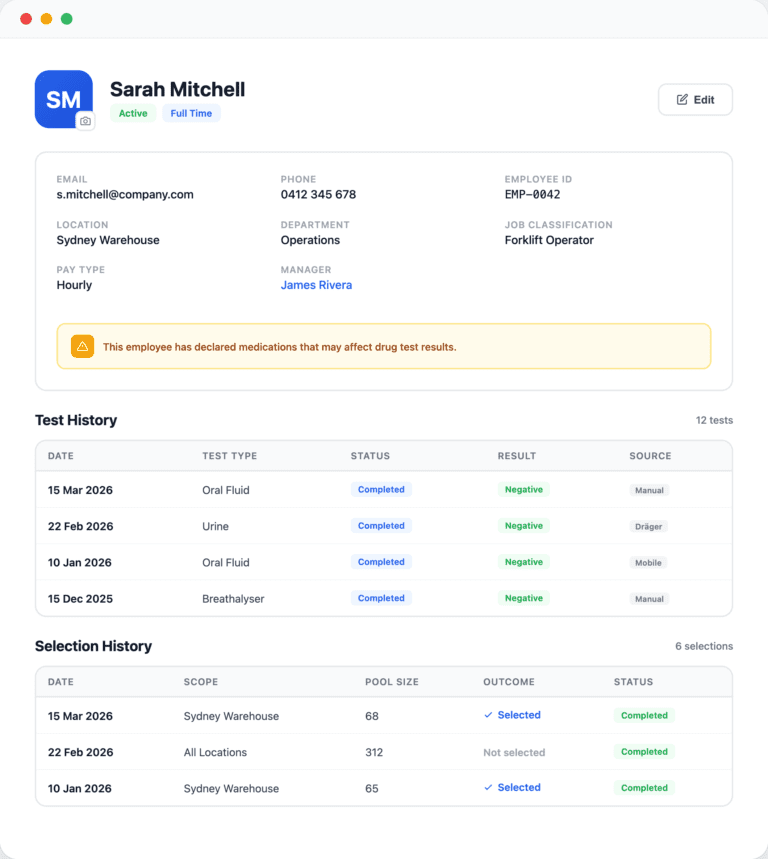 Employee profile dashboard for Sarah Mitchell showing contact details, drug test history, and selection history.