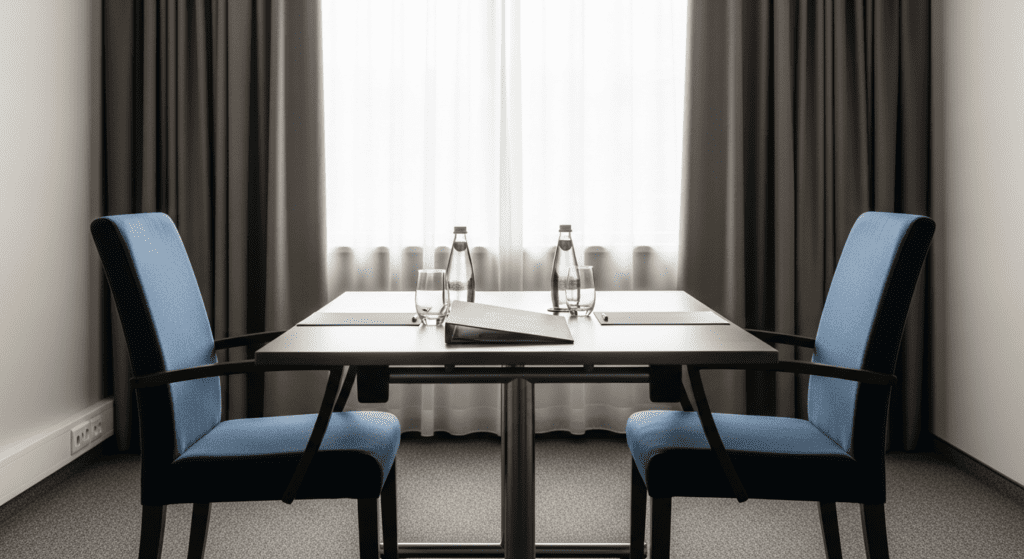 Professional meeting room with two people across a table representing a workplace discussion