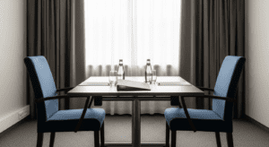 Professional meeting room with two people across a table representing a workplace discussion