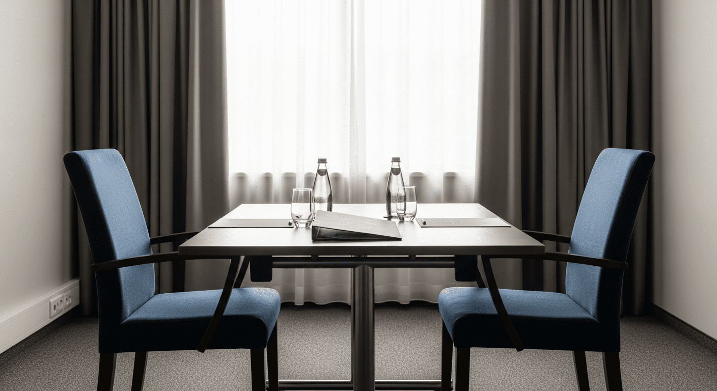Professional meeting room with two people across a table representing a workplace discussion