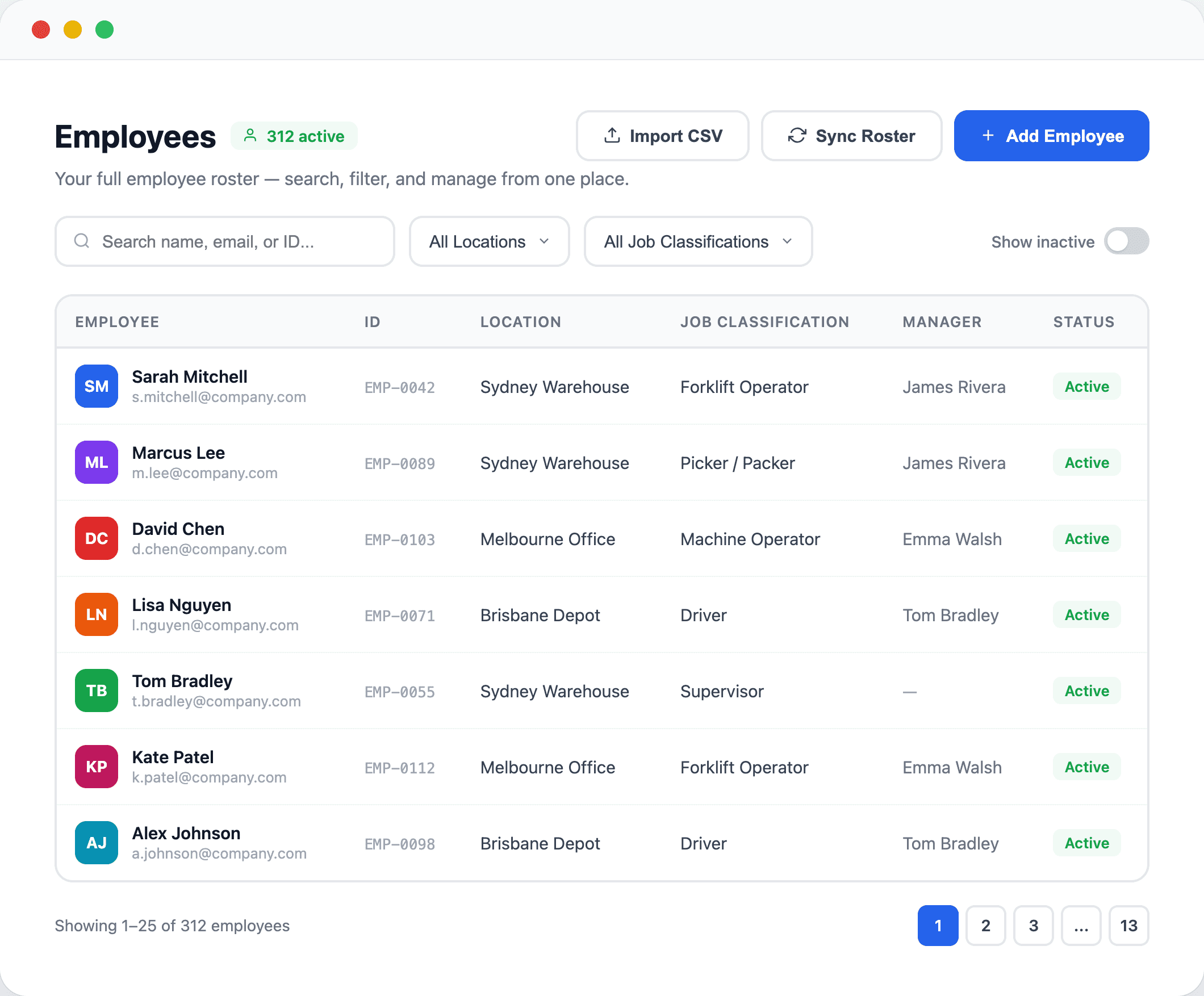 Employee management dashboard showing a searchable roster list with filters for location, job classification, and status.