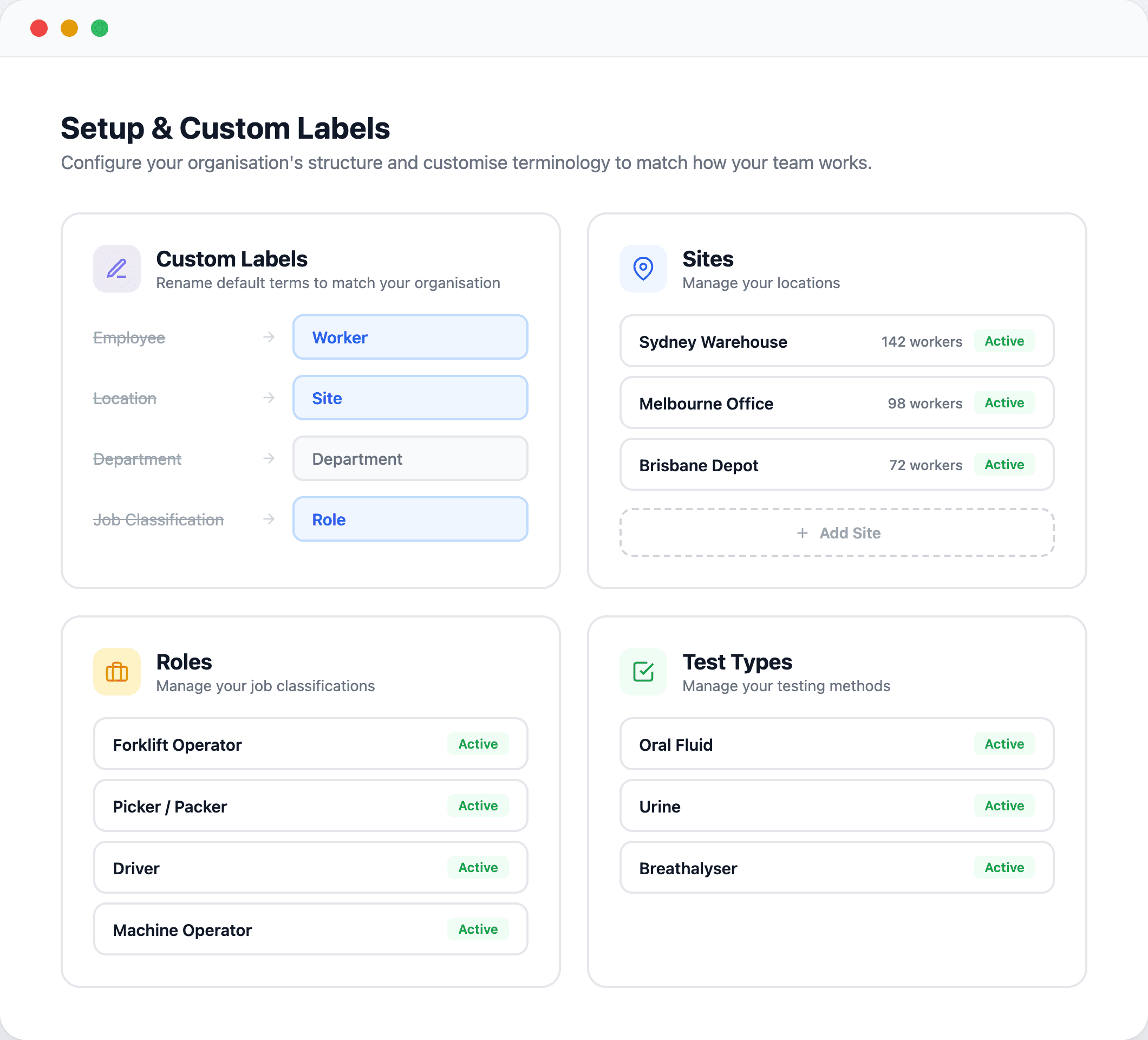 Dashboard interface showing settings for custom labels, site locations, job roles, and testing methods.