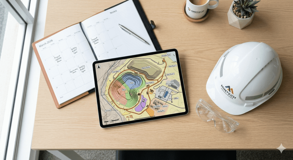 A tablet displaying a colorful site map sits on a desk with a hard hat, safety glasses, a potted plant, and an open planner showing a March calendar and pen. Natural light comes from a nearby window.