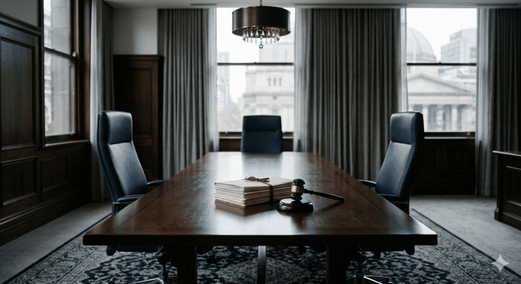 Formal boardroom with legal documents and gavel representing a Fair Work Commission hearing