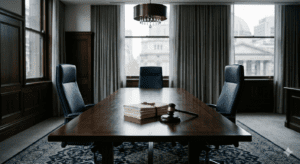Formal boardroom with legal documents and gavel representing a Fair Work Commission hearing