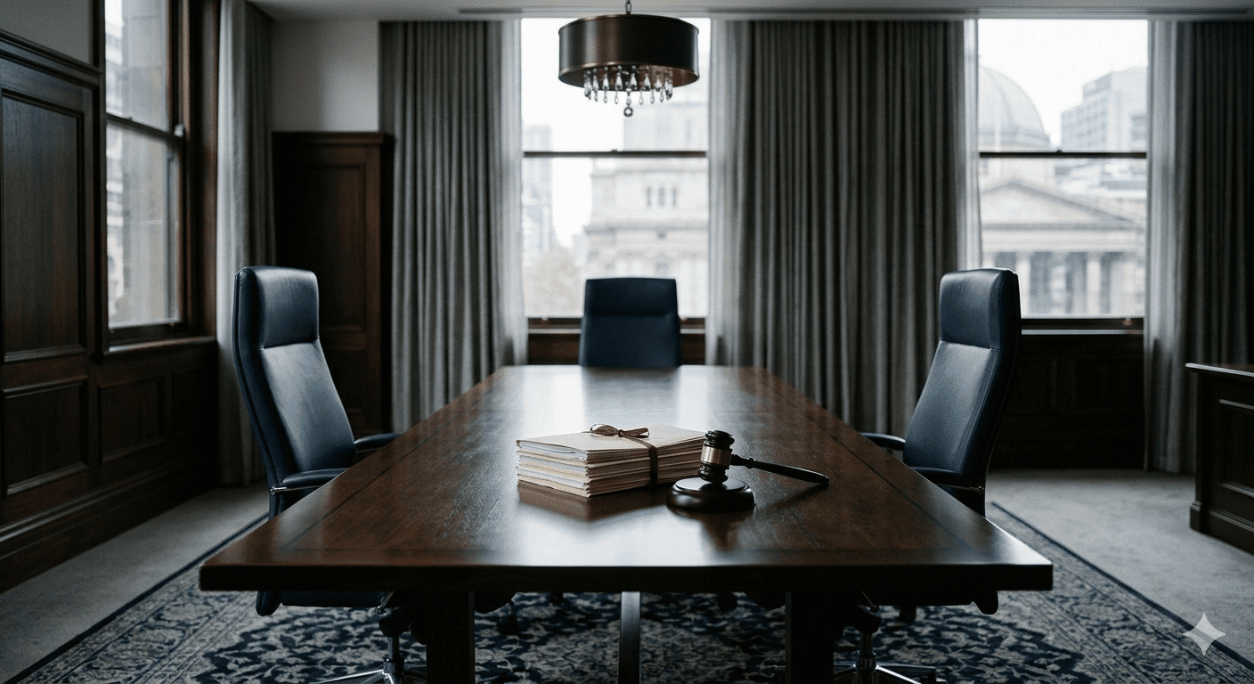 Formal boardroom with legal documents and gavel representing a Fair Work Commission hearing