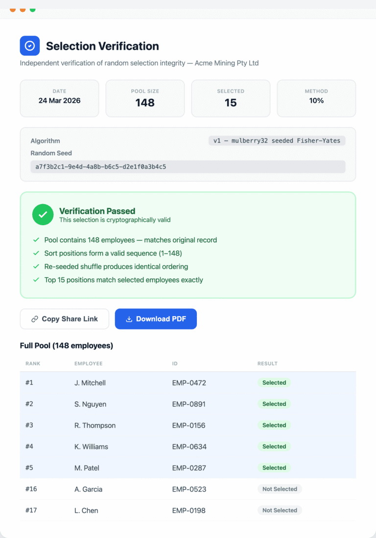 FairTest selection verification page showing cryptographic proof that a random selection was fair