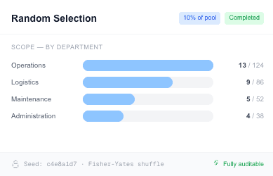 Department-scoped random employee selection with pool breakdown, weighted by employee count, with audit seed