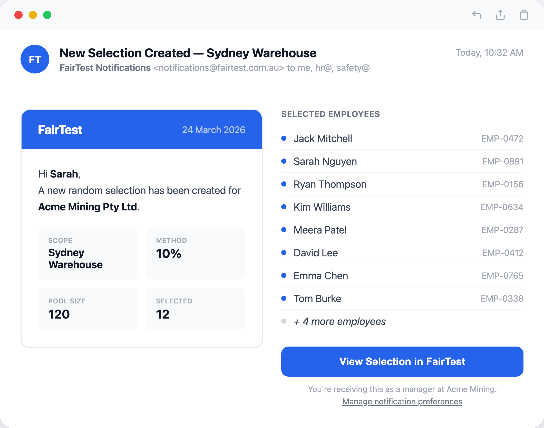 FairTest notification settings panel with email and SMS toggles alongside an email preview