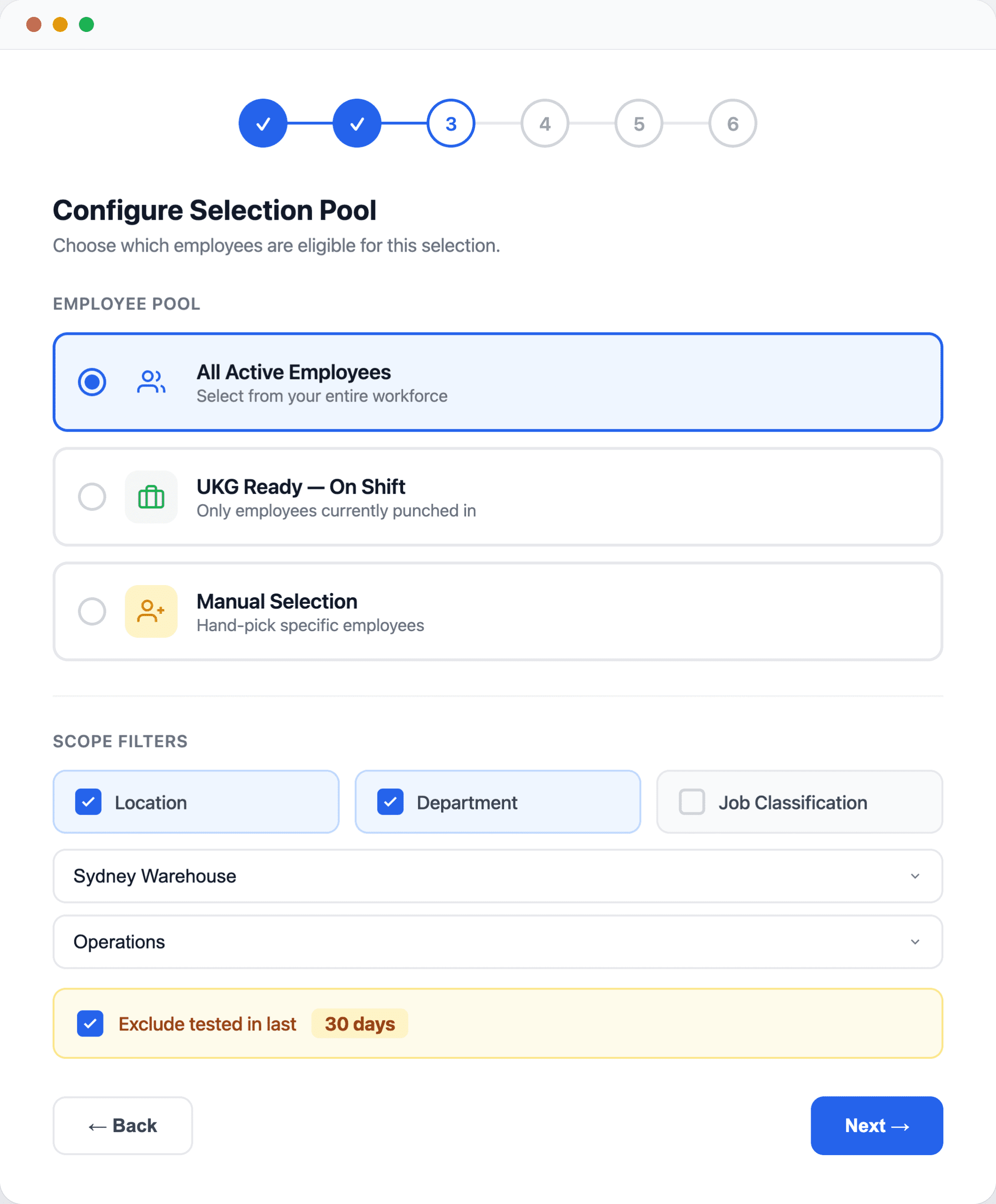 FairTest selection wizard showing employee pool configuration with location and department filters