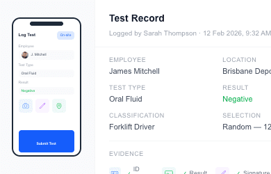 Drug and alcohol test logging from mobile and desktop with photo evidence, digital signatures, and chain of custody