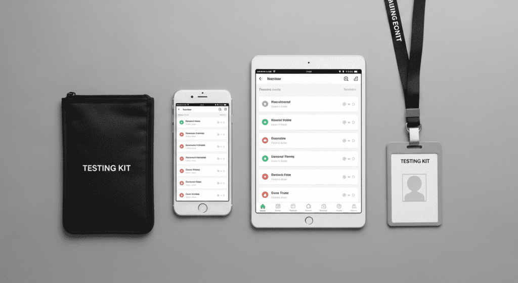 Testing kit bag, smartphone, tablet, and ID badge displayed on a gray surface for field data collection.