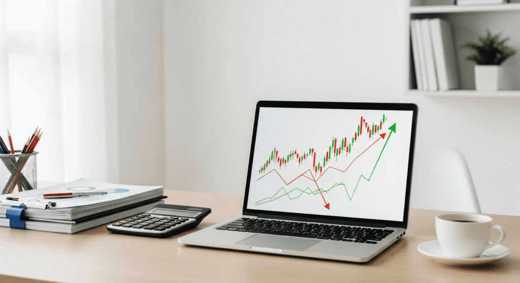 A laptop on a desk displays a financial chart with rising and falling lines. Nearby are a calculator, documents, and a cup of coffee. The setting is a bright, modern office.