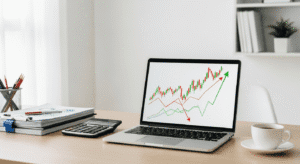 A laptop on a desk displays a financial chart with rising and falling lines. Nearby are a calculator, documents, and a cup of coffee. The setting is a bright, modern office.
