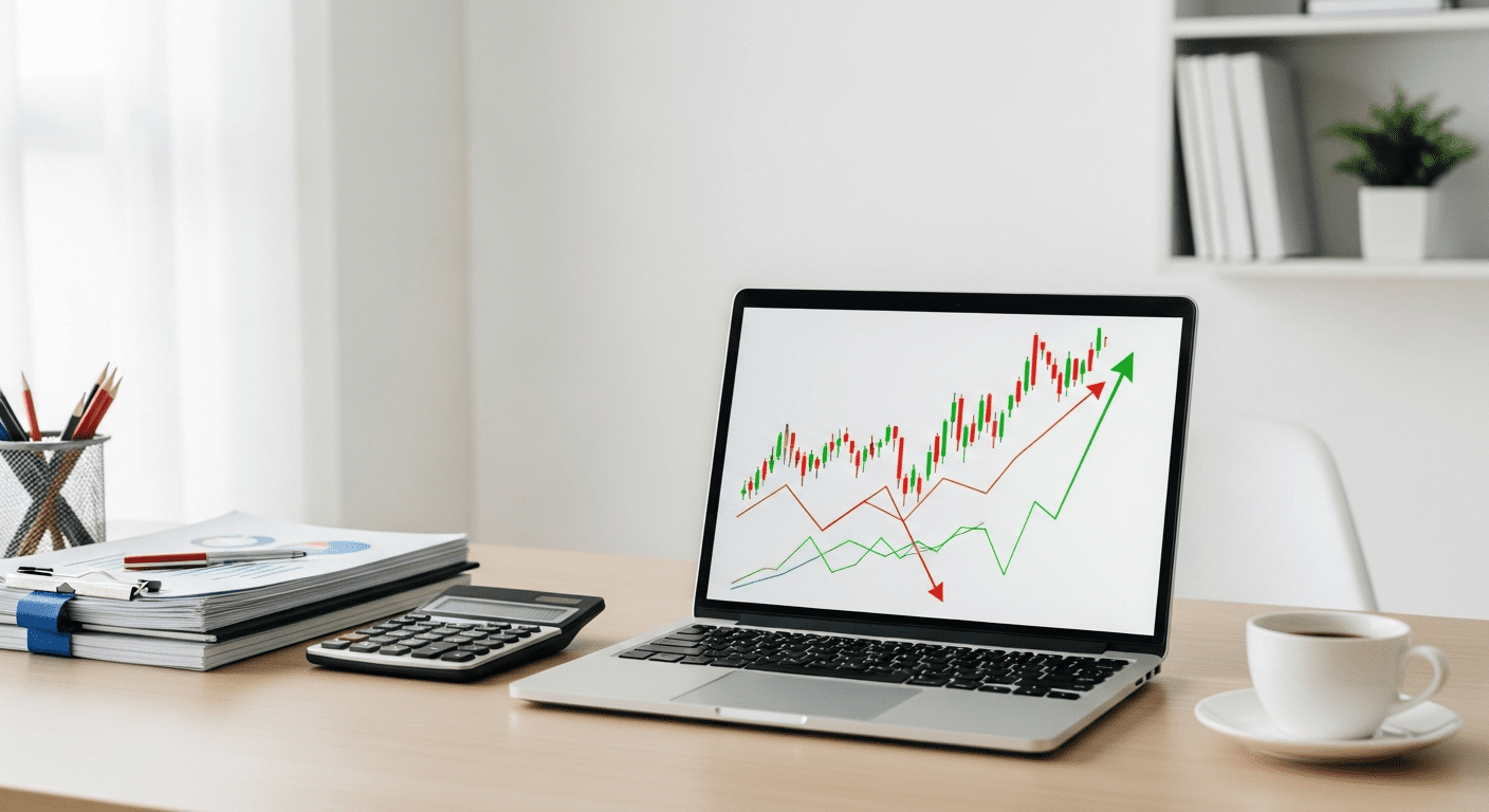A laptop on a desk displays a financial chart with rising and falling lines. Nearby are a calculator, documents, and a cup of coffee. The setting is a bright, modern office.