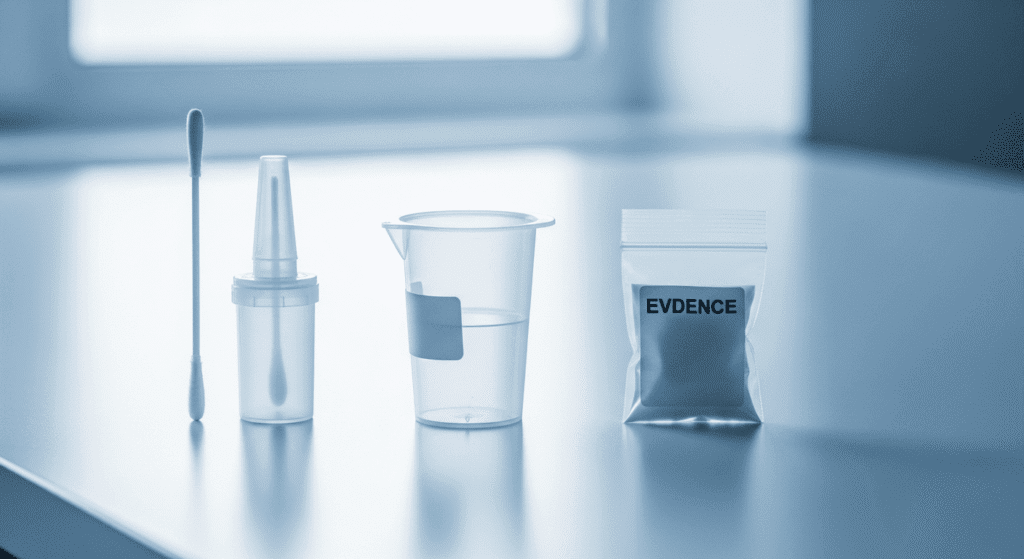A swab, a small bottle, a plastic measuring cup, and a sealed bag labeled EVIDENCE are arranged in a row on a clean, reflective table with a window in the background.