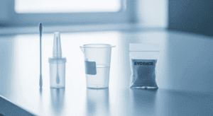 A swab, a small bottle, a plastic measuring cup, and a sealed bag labeled EVIDENCE are arranged in a row on a clean, reflective table with a window in the background.