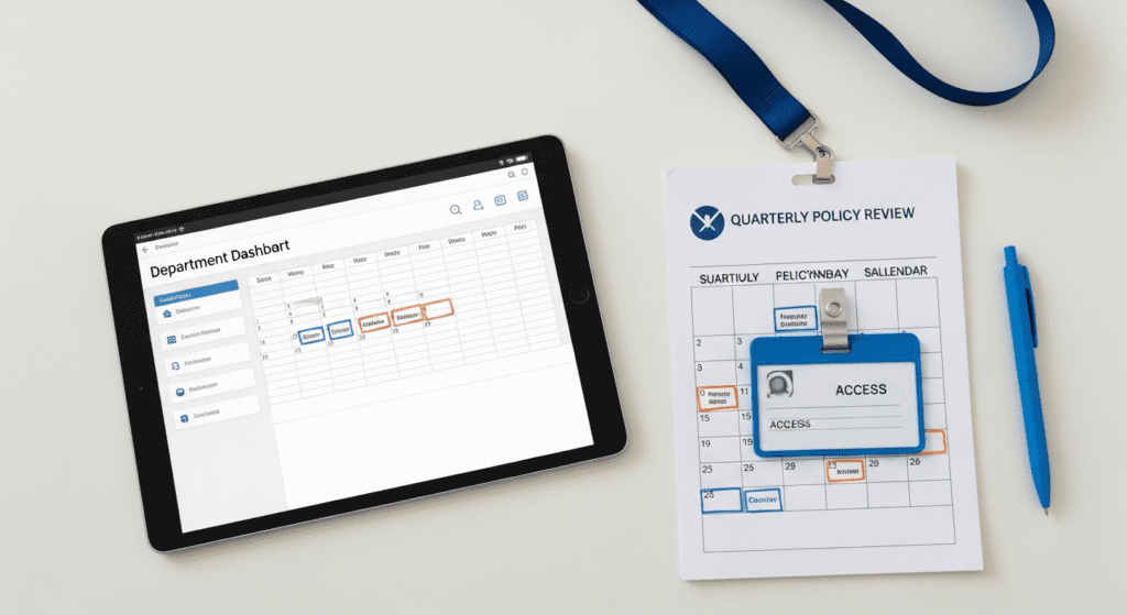 Tablet displaying a digital department schedule next to a printed quarterly policy review calendar and a blue access badge.