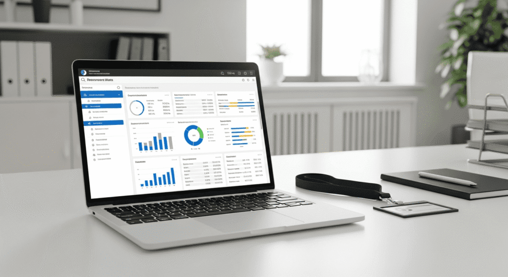 Laptop screen displaying a government utility dashboard with various data charts, graphs, and performance metrics.
