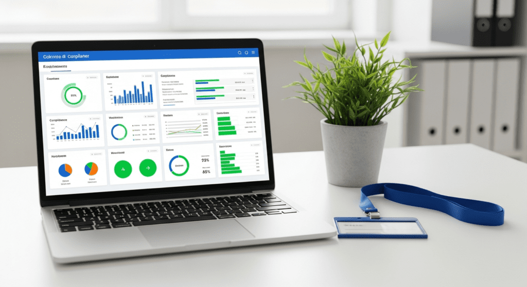 Laptop displaying a healthcare data analytics dashboard with charts and graphs on a desk with a plant and ID badge.