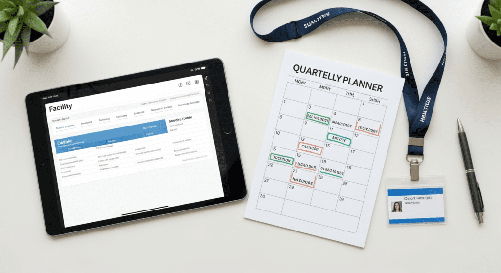 Tablet displaying a facility schedule next to a quarterly planner, a healthcare ID badge, and a pen on a white desk.