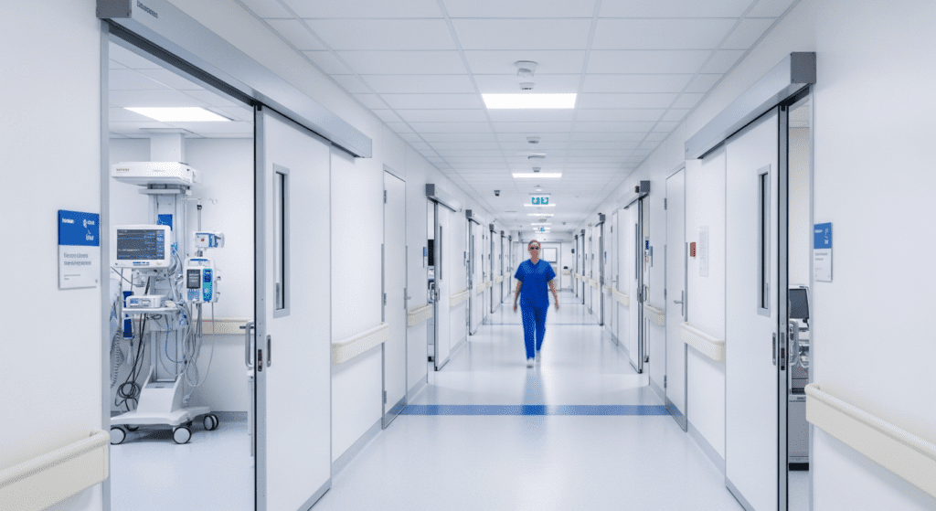Clinical healthcare setting with medical equipment and safety compliance materials