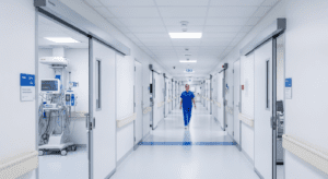 Clinical healthcare setting with medical equipment and safety compliance materials