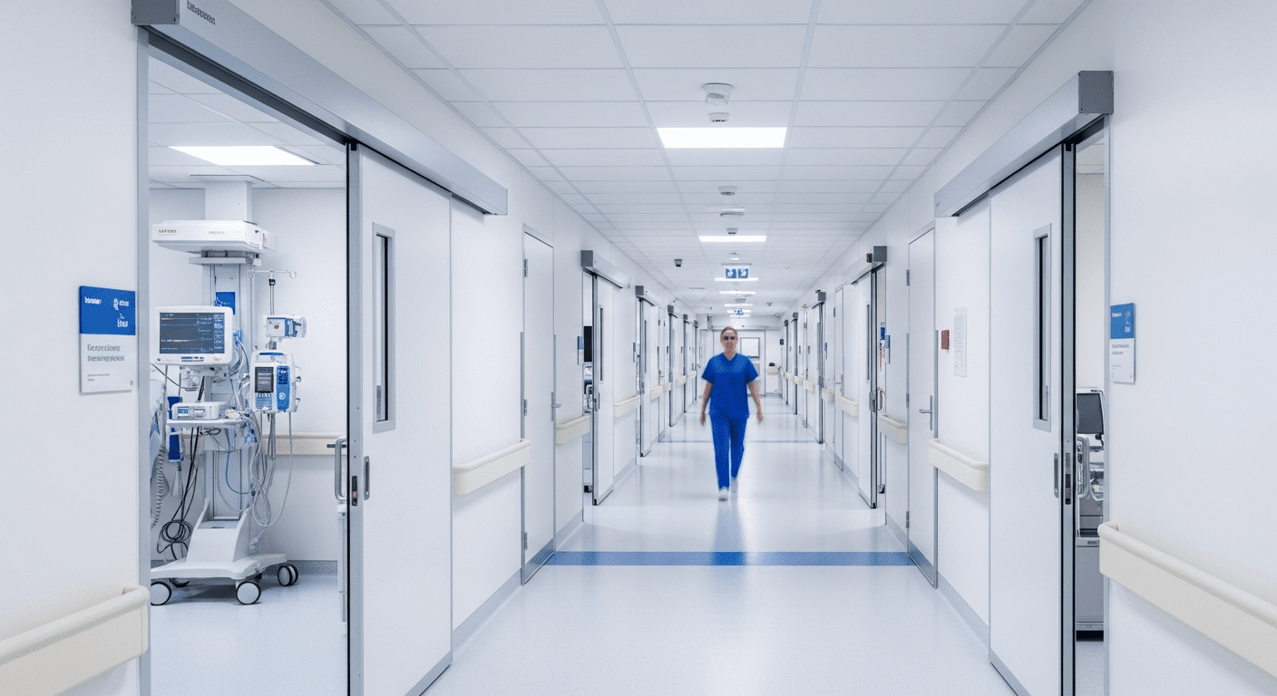 Clinical healthcare setting with medical equipment and safety compliance materials