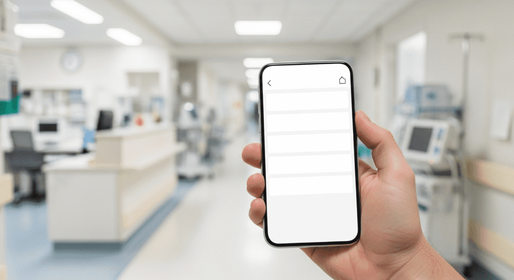 Hand holding a smartphone with a blank healthcare app interface against a blurred hospital background.
