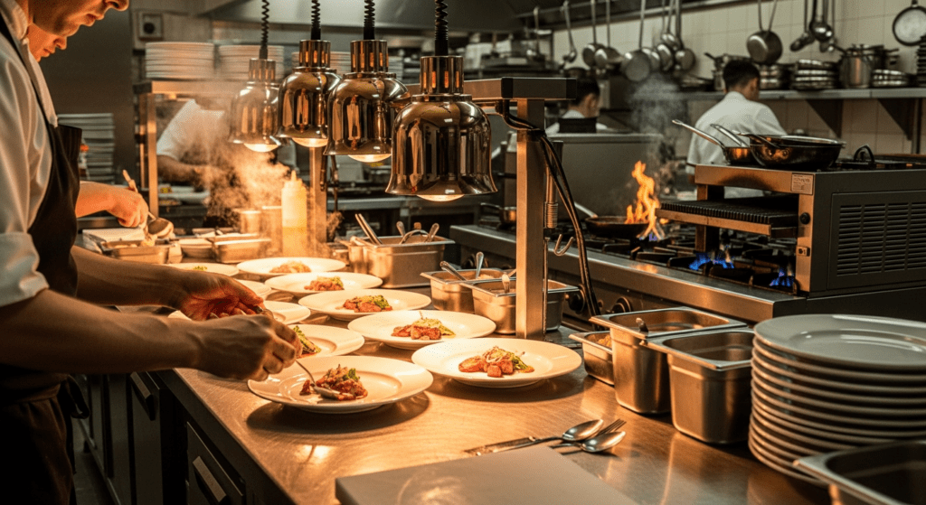 Commercial kitchen and event venue setup representing hospitality safety roles