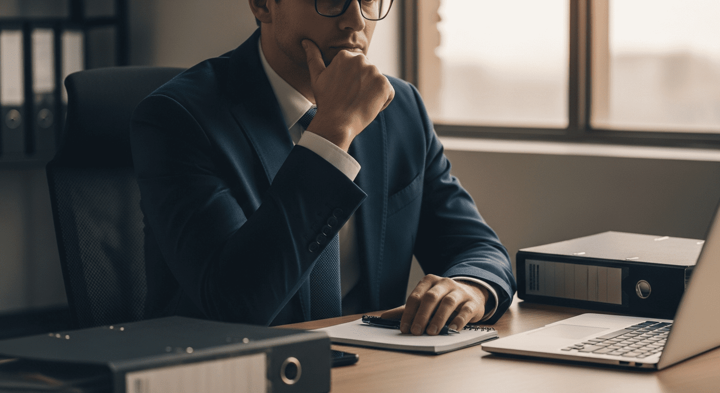 HR professional in thoughtful contemplation at a desk with employee files