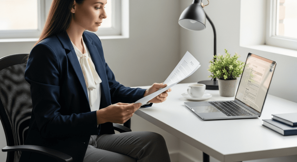 HR professional reviewing drug and alcohol policy documents in a modern office
