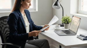 HR professional reviewing drug and alcohol policy documents in a modern office