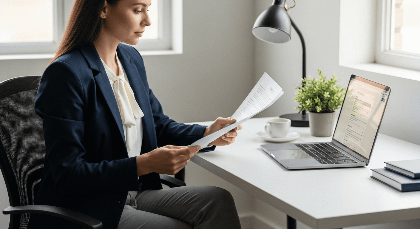 HR professional reviewing drug and alcohol policy documents in a modern office