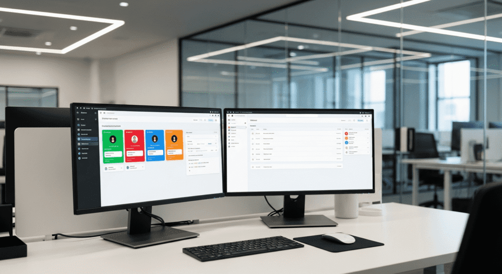 Dual computer monitors displaying a human resources software dashboard in a modern, minimalist office setting.