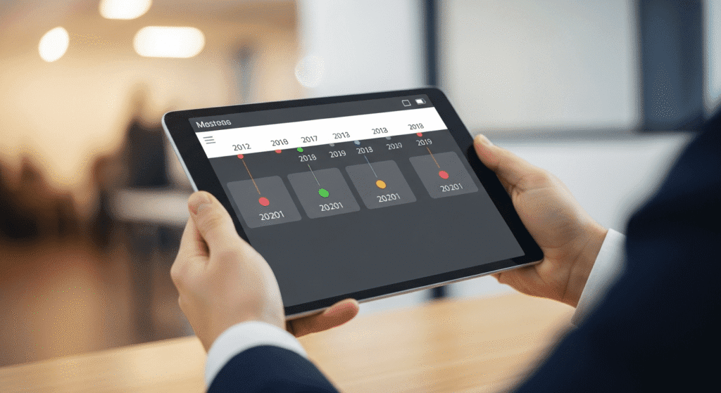 Hands holding a tablet displaying a digital timeline interface with years and color-coded data points.