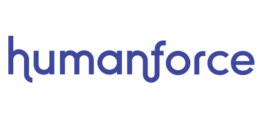 Humanforce company logo in dark blue lowercase sans-serif font on a white background.