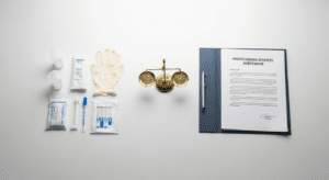 Balancing scale with testing equipment on one side and a service agreement on the other
