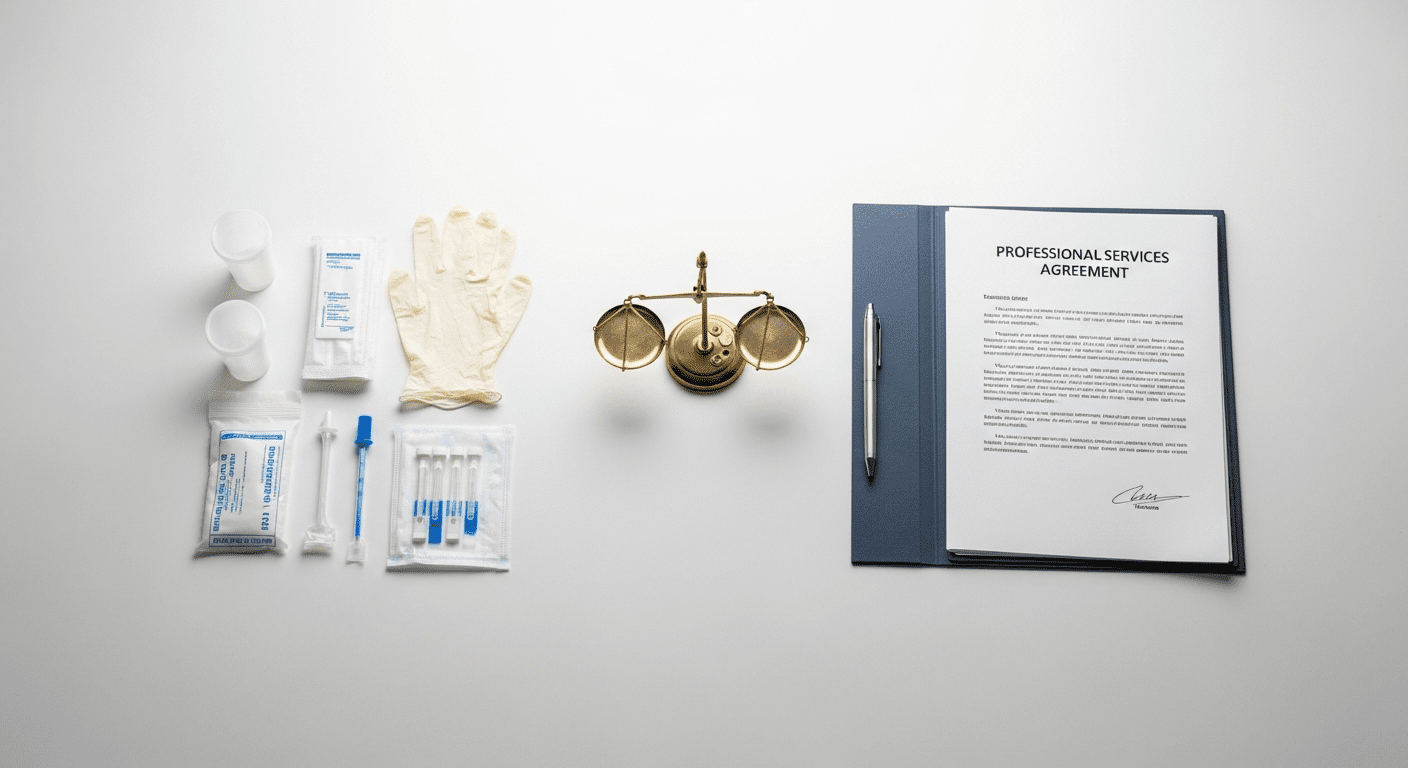 Balancing scale with testing equipment on one side and a service agreement on the other