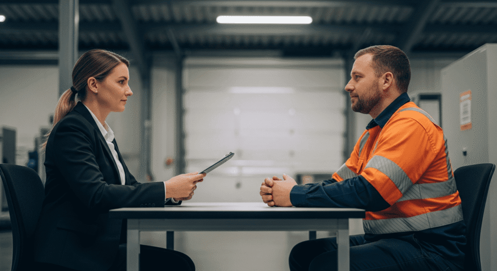 A woman in business attire interviews a man wearing a high-visibility work jacket at a table in an industrial setting. The woman holds a tablet, and both appear focused and engaged.