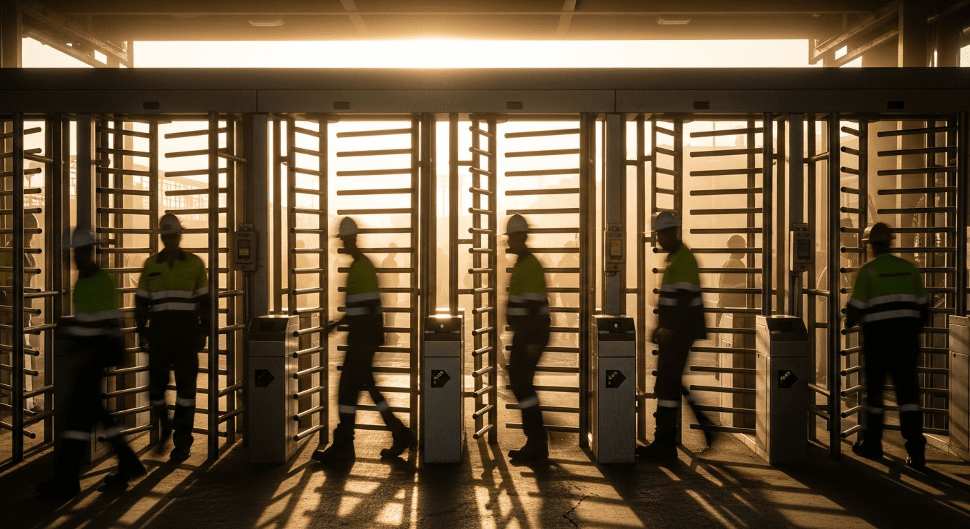 Workers in safety gear walk through turnstiles at an industrial site during sunrise, casting long shadows in the golden morning light.