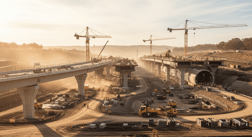A large construction site at sunset shows cranes, trucks, and workers building a bridge and a tunnel. The area is filled with equipment, materials, and dirt, with distant hills and a hazy sky in the background.