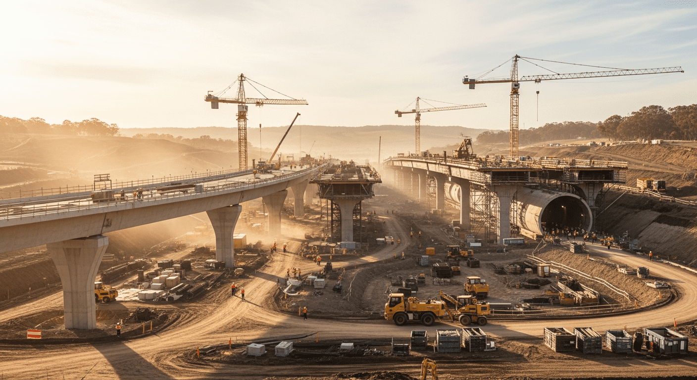 A large construction site at sunset shows cranes, trucks, and workers building a bridge and a tunnel. The area is filled with equipment, materials, and dirt, with distant hills and a hazy sky in the background.