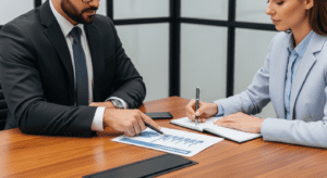 Insurance broker and client reviewing risk assessment documents in a meeting