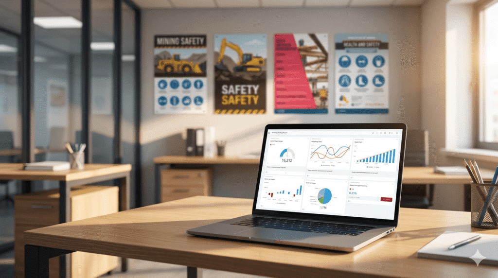 A laptop displaying data analytics dashboards sits on a desk in a modern office. In the background, there are safety posters on the wall and other desks, suggesting a workplace focused on mining safety and productivity.